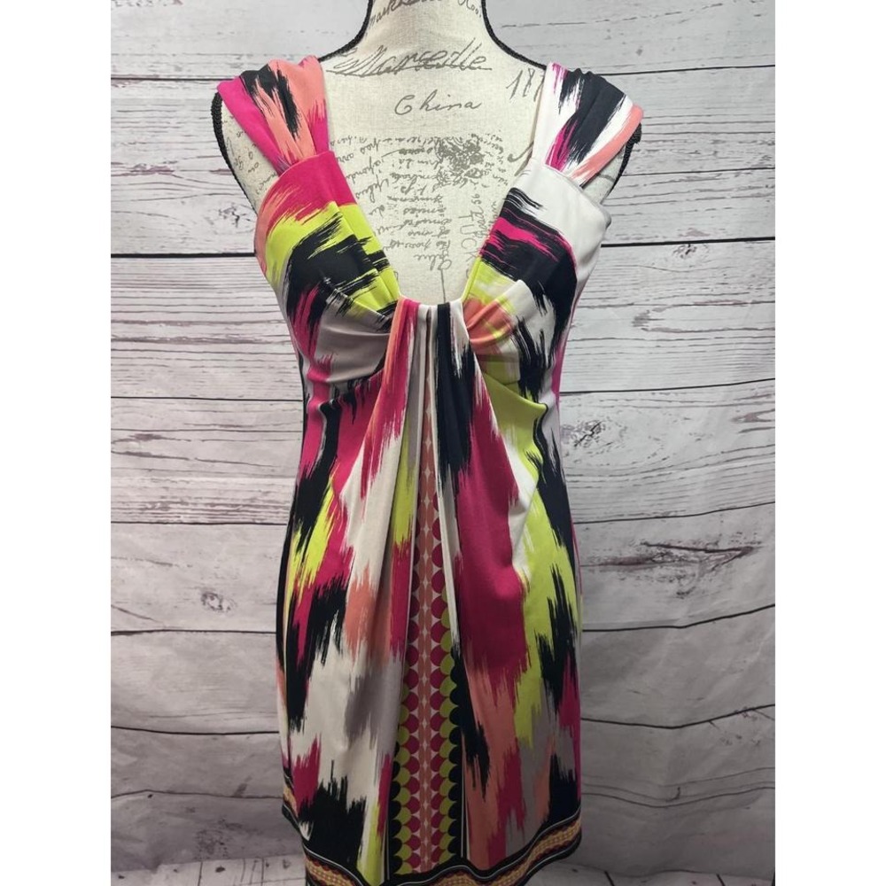 London Style Collection Black Pink White Green V-Neck Ruching Dress